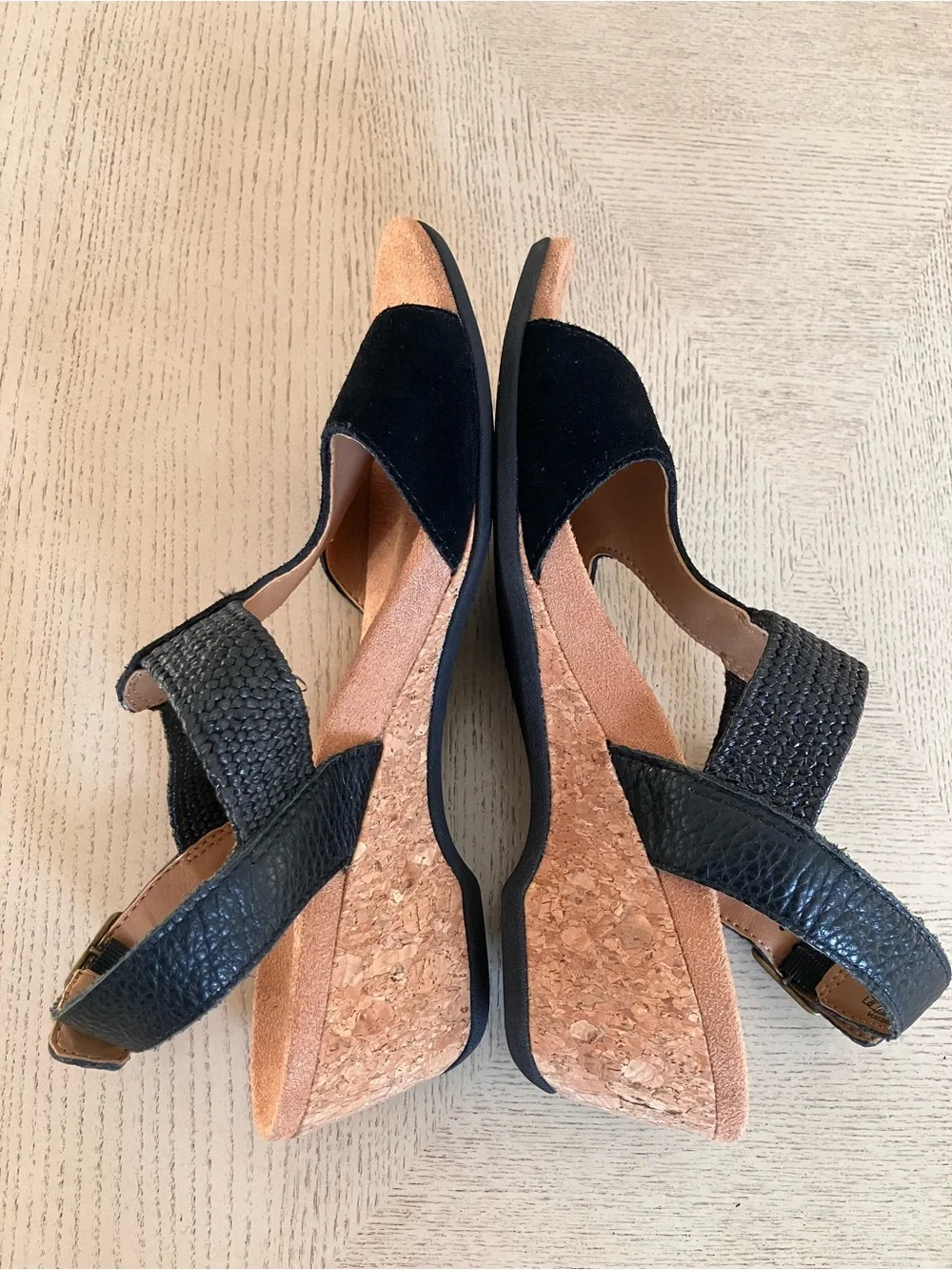 Vionic Kaytie Black Suede Cork Wedge Slingback Sandal